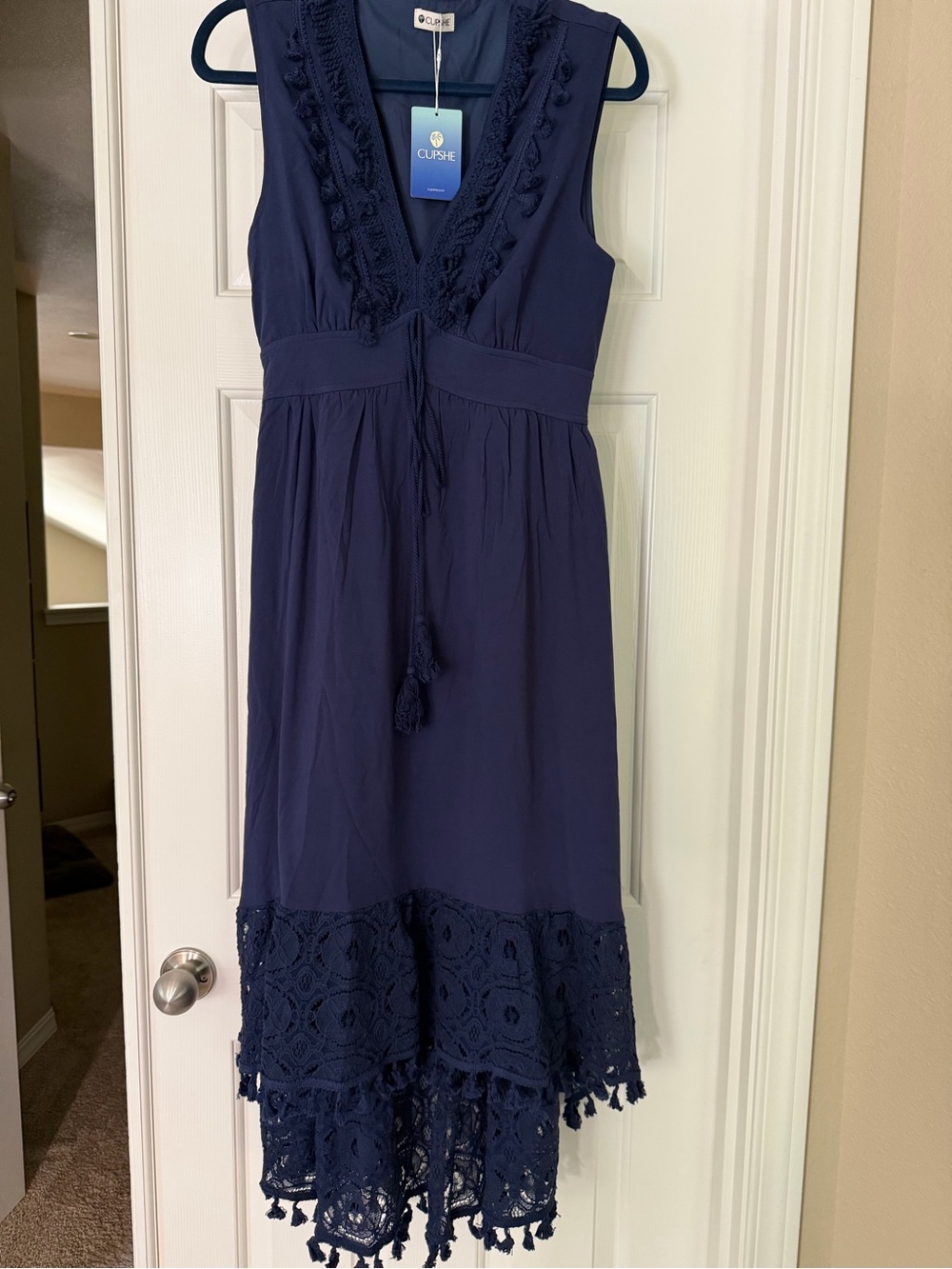 Cupshe Navy Blue Sleeveless Maxi Dress with Crochet Hem